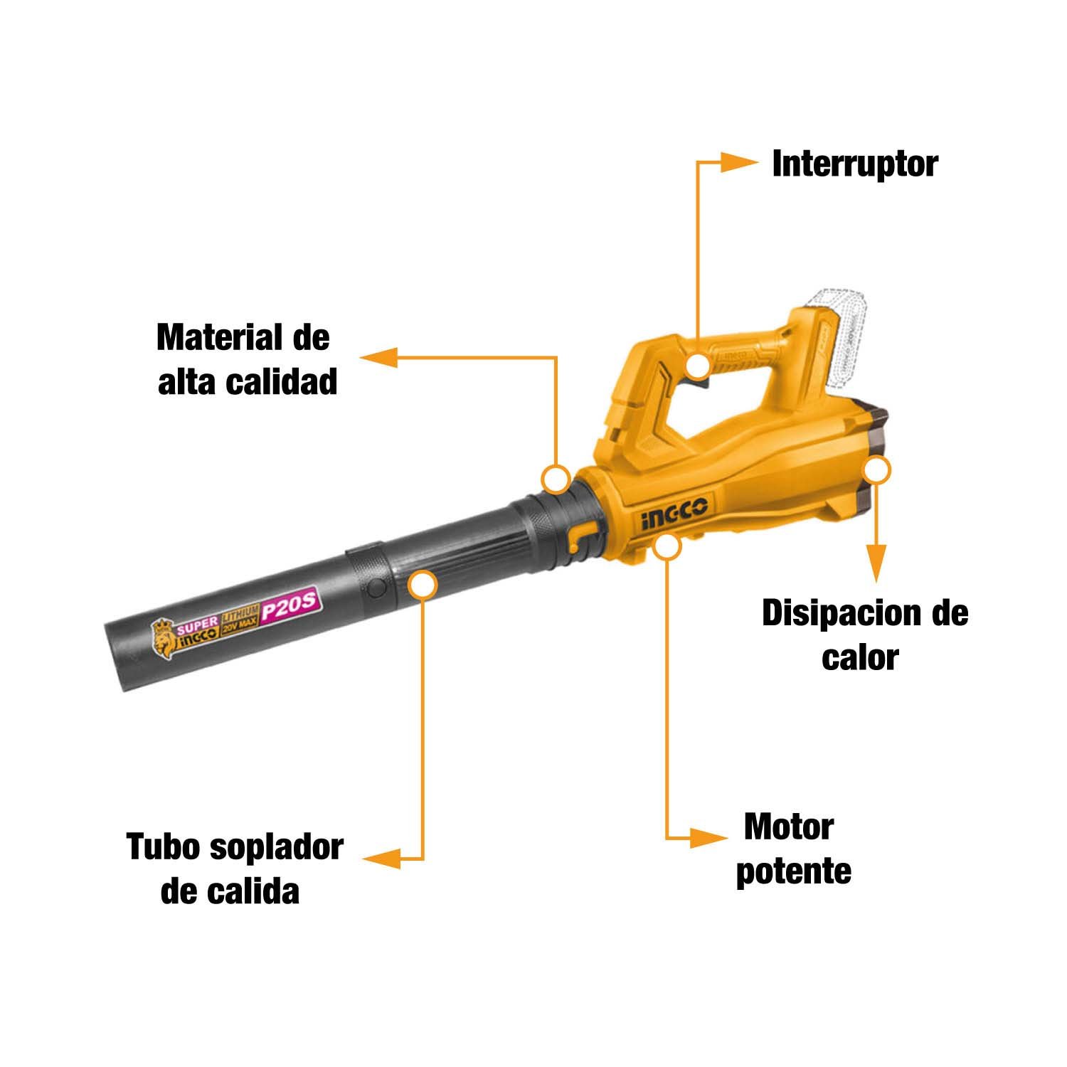 SOPLADORA A BATERÍA INALÁMBRICA 20V INGCO AMARILLO CABLI20323 - Image 3