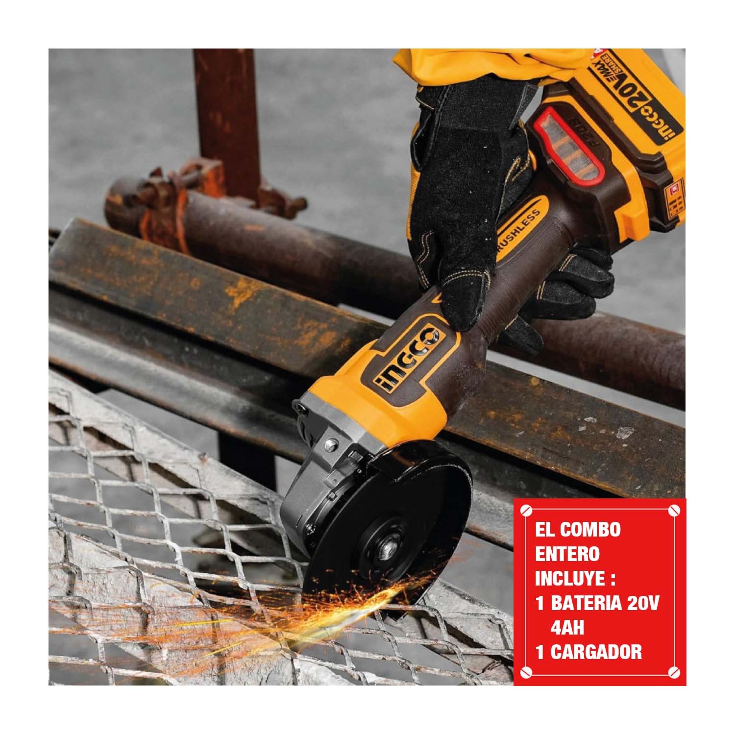 AMOLADORA BRUSHLESS INGCO 20V 900W 4 1/2» + BATERÍA 4.0AH - Image 2