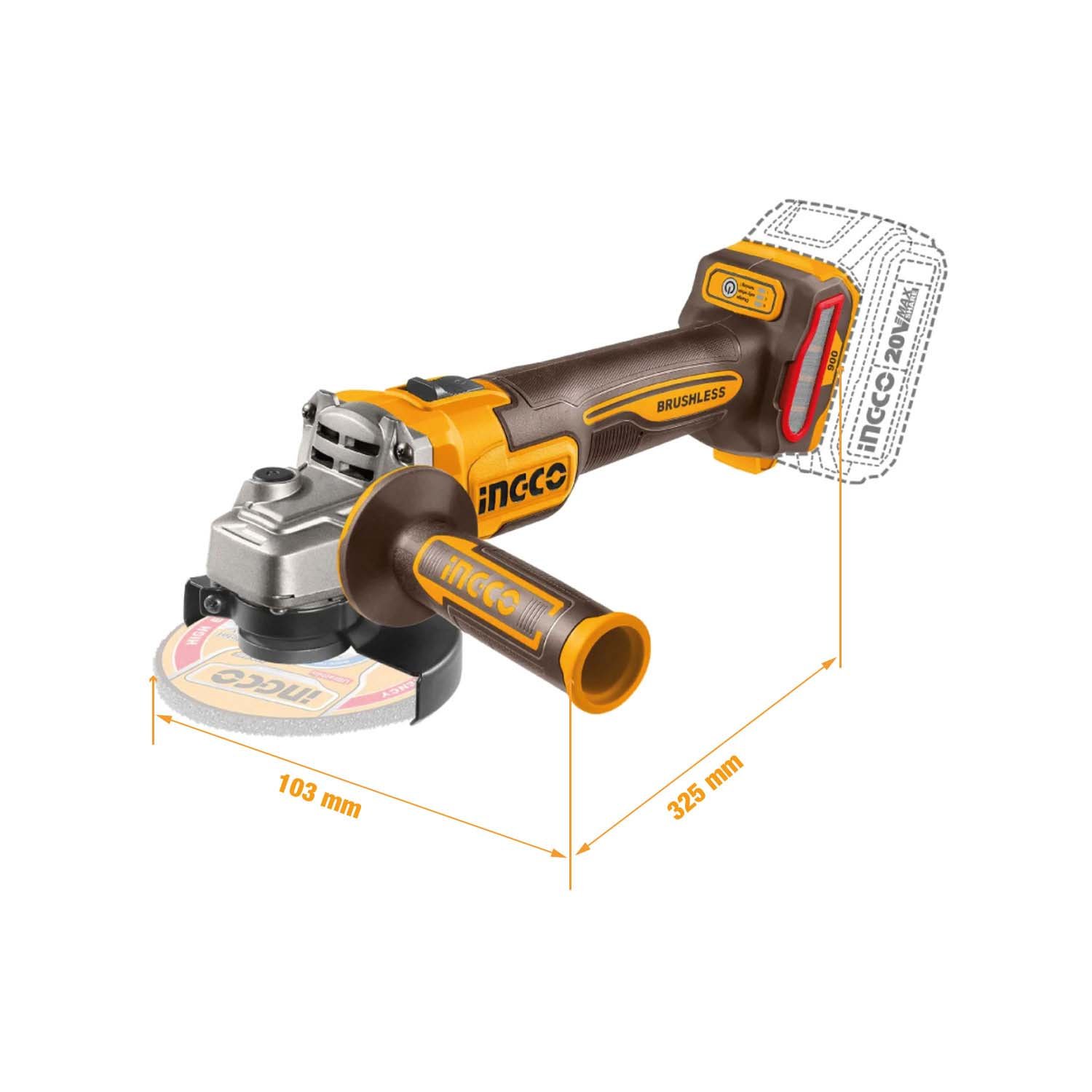 AMOLADORA BRUSHLESS INGCO 20V 900W 4 1/2» + BATERÍA 4.0AH - Image 6