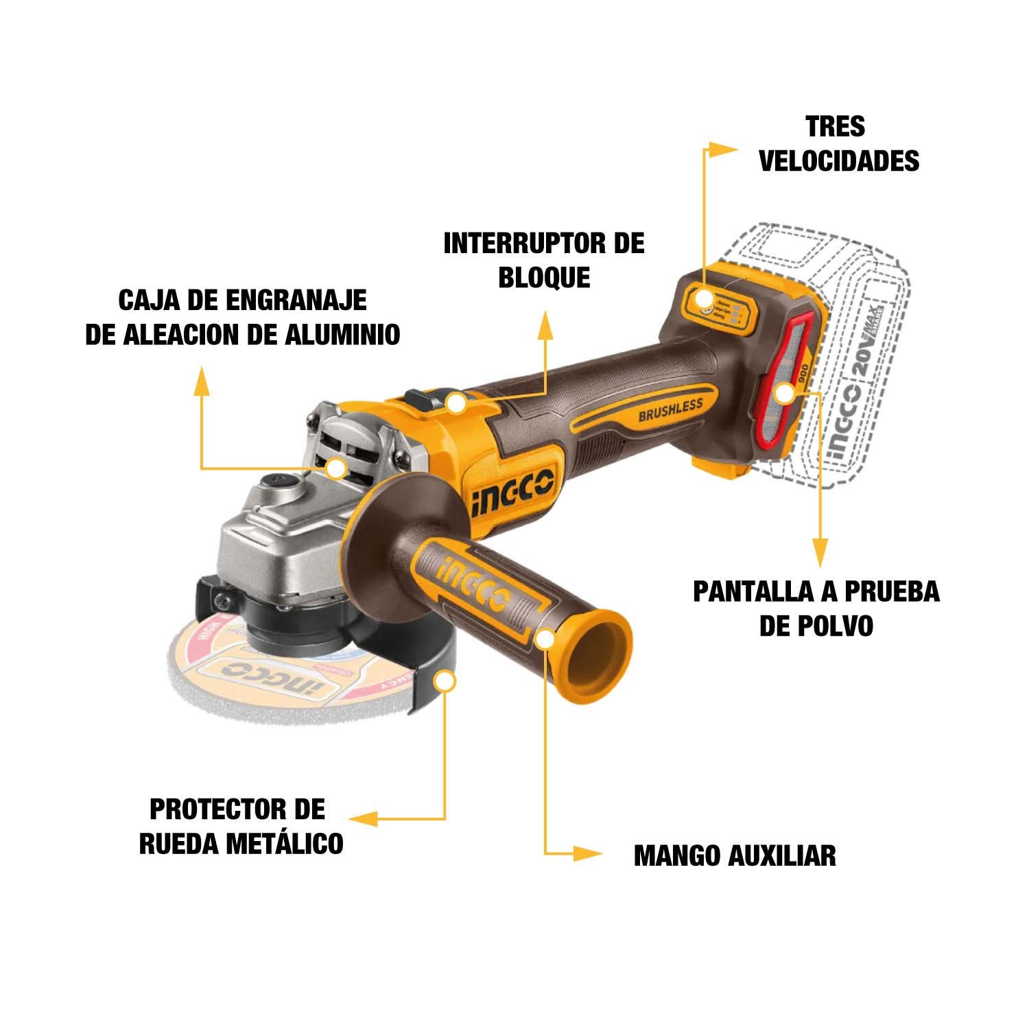AMOLADORA BRUSHLESS INGCO 20V 900W 4 1/2» + BATERÍA 4.0AH - Image 5