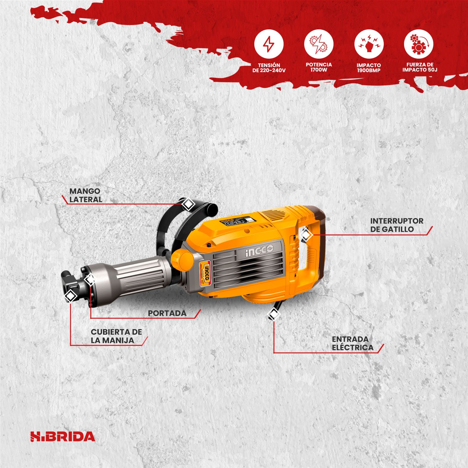 Vibrador de Concreto 2300RPM + Martillo Demoledor 1700 W INGCO — vista 4