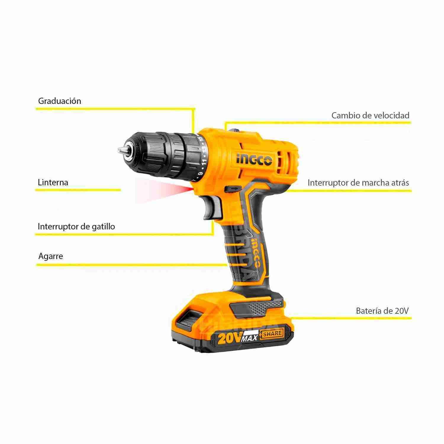Taladro Atornillador 20 V INGCO + 21 Accesorios — vista 3