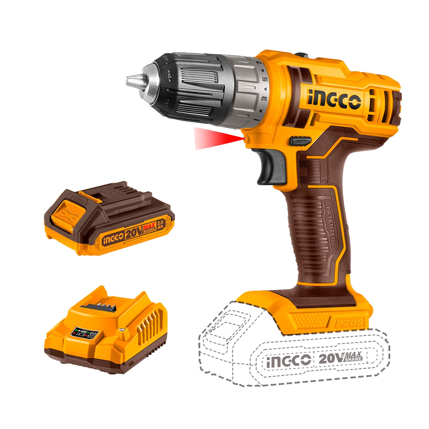 Taladro Atornillador 45Nm 20V Ingco con Batería y Cargador