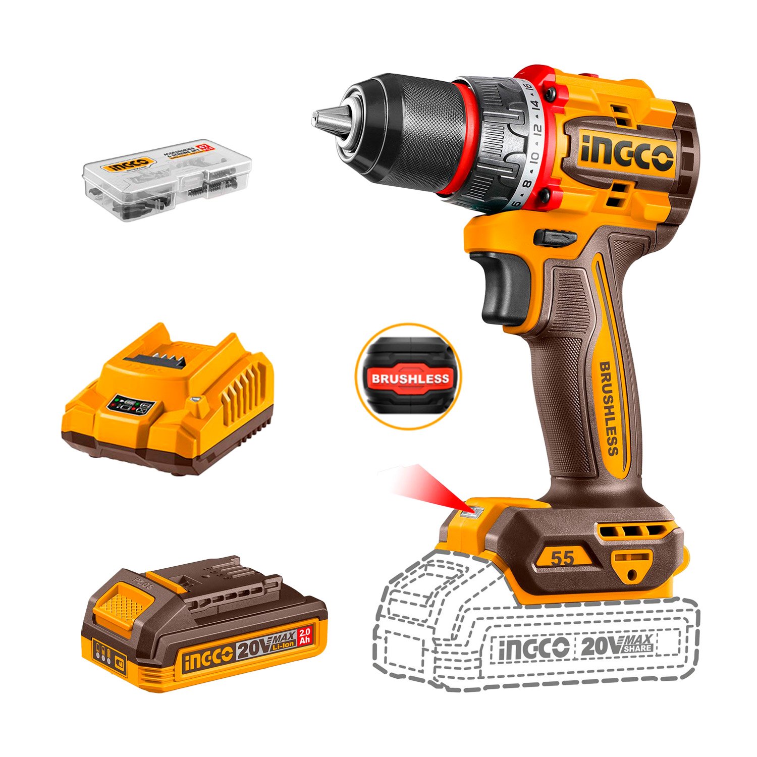 Taladro Atornillador 20v Brushless 55nm Con Bat/carg Ingco