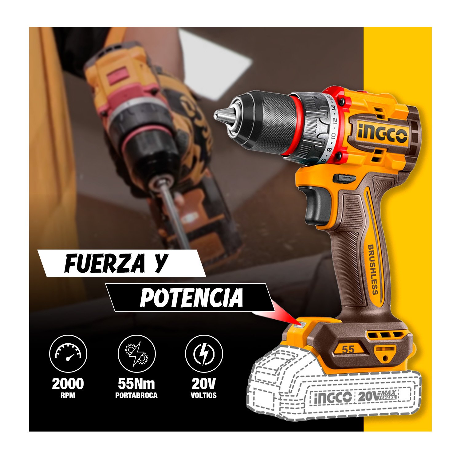 Taladro Atornillador 20v Brushless 55nm Con Bat/carg Ingco - Image 3
