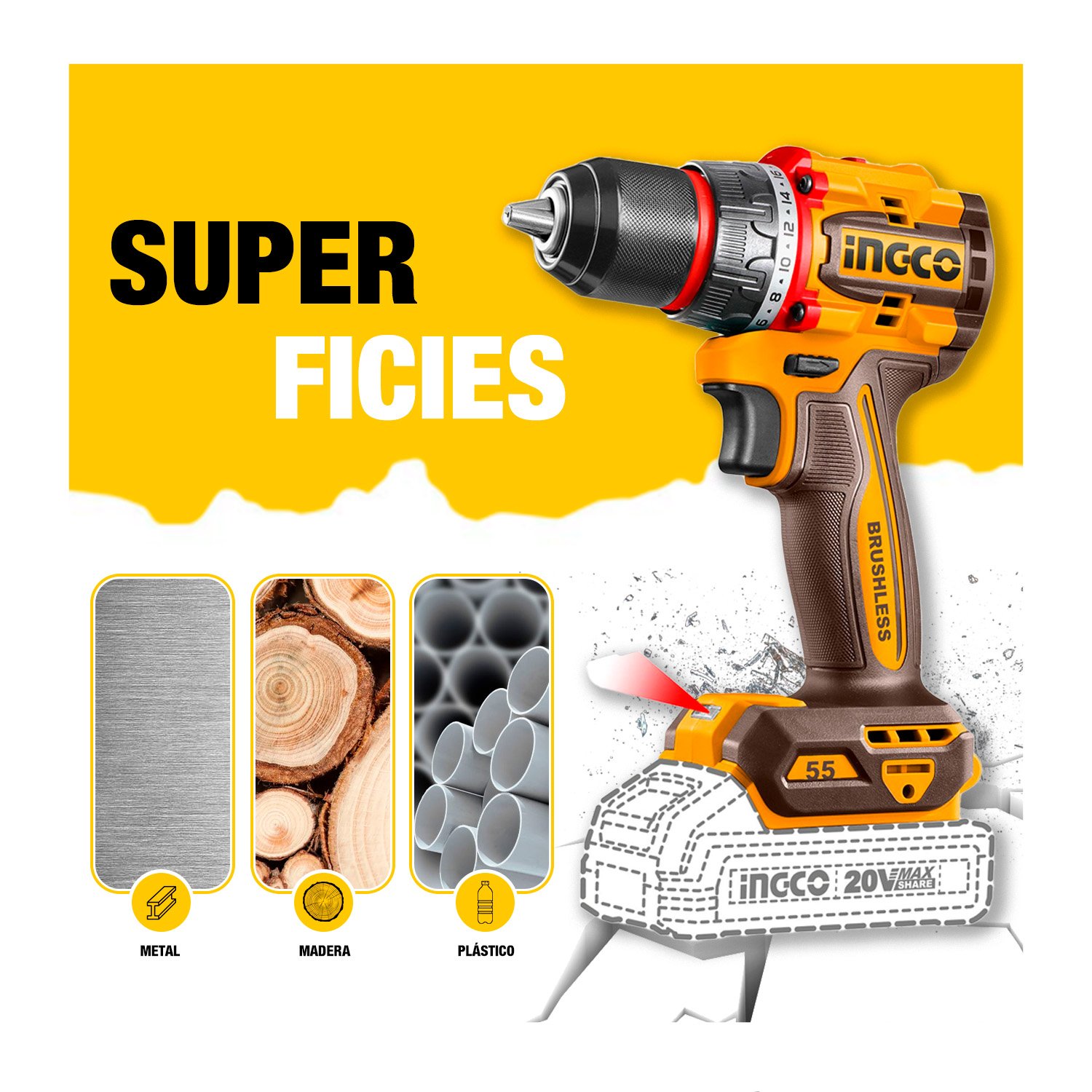 Taladro Atornillador 20v Brushless 55nm Con Bat/carg Ingco - Image 5