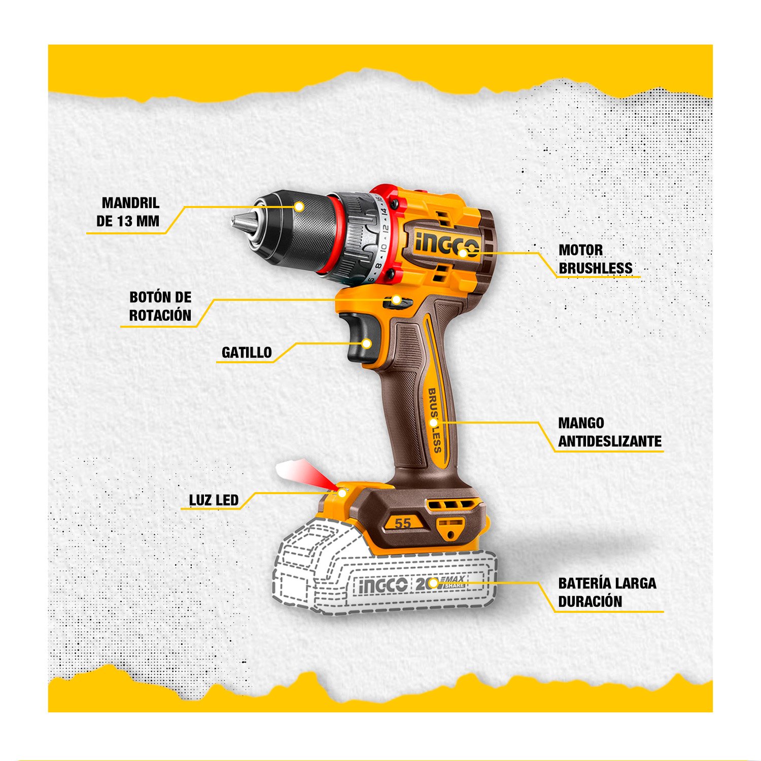 Taladro Atornillador 20v Brushless 55nm Con Bat/carg Ingco - Image 6