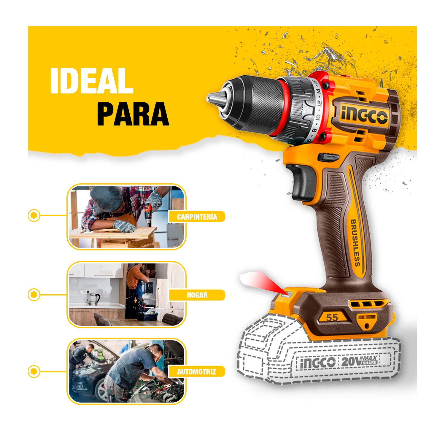 Taladro Atornillador 20v Brushless 55nm Con Bat/carg Ingco - Image 7