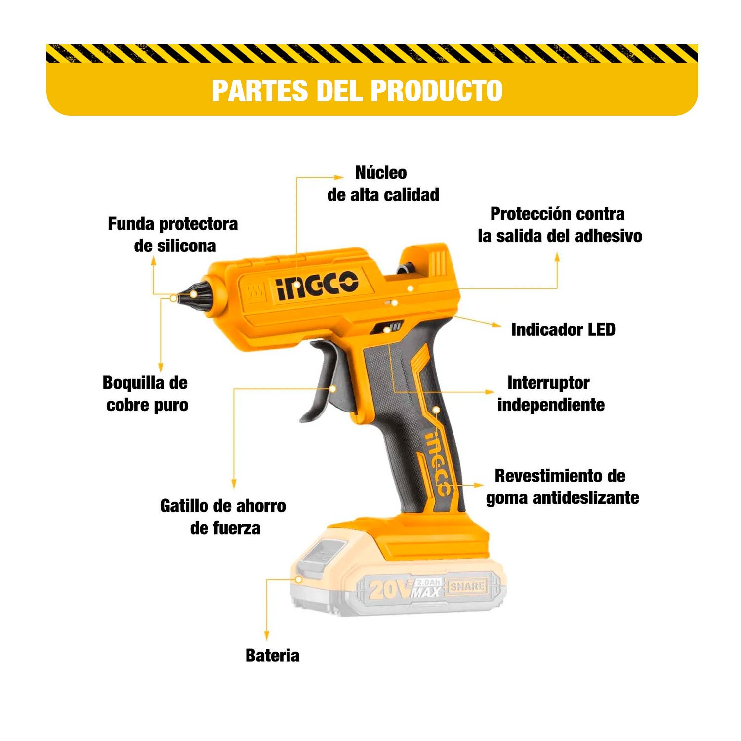 Pistola De Silicona Inalámbrica 20 V Con Bat/carg. – INGCO — vista 4