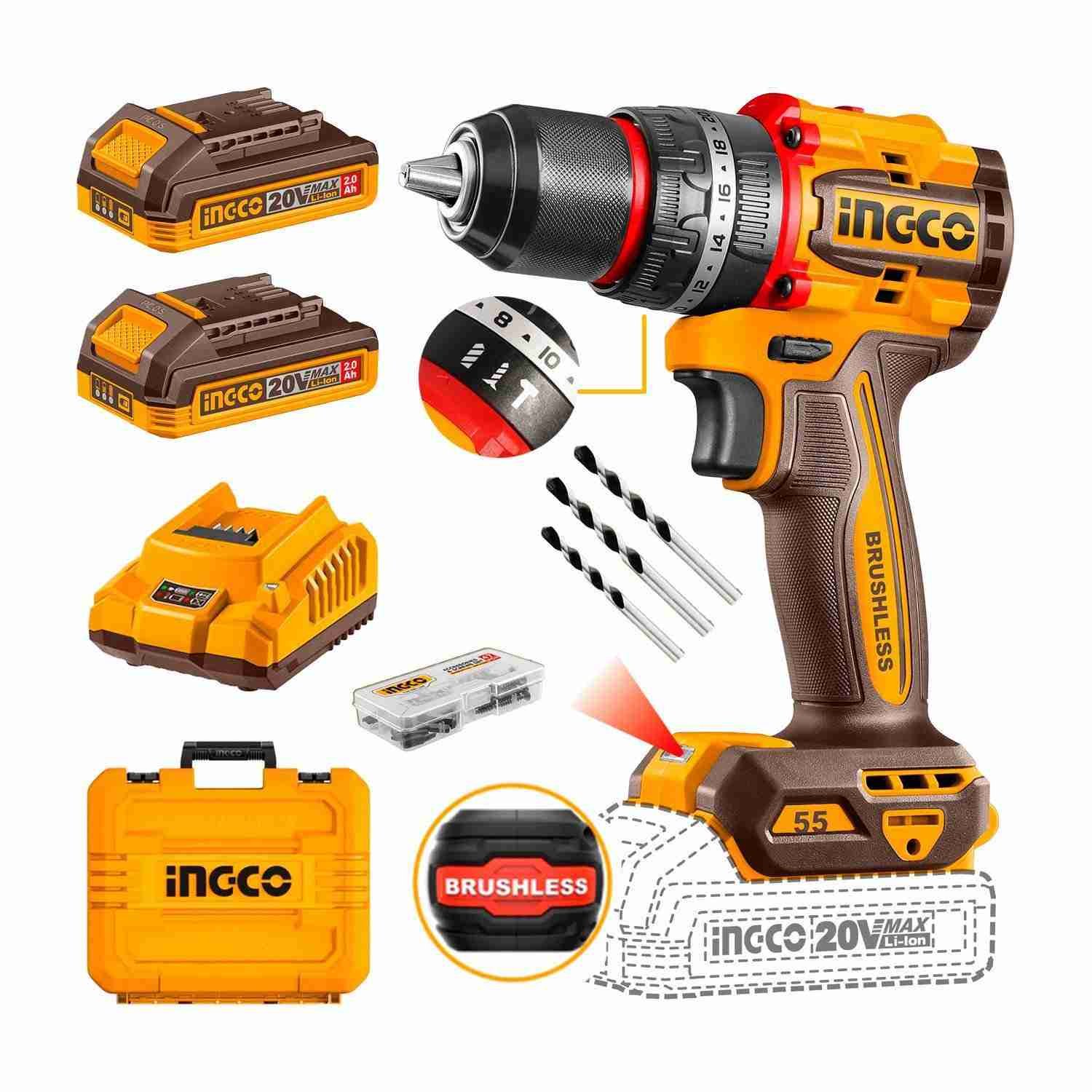 Atornillador Percutor Compact 20v 2baterías + Cargador Brushless Ingco