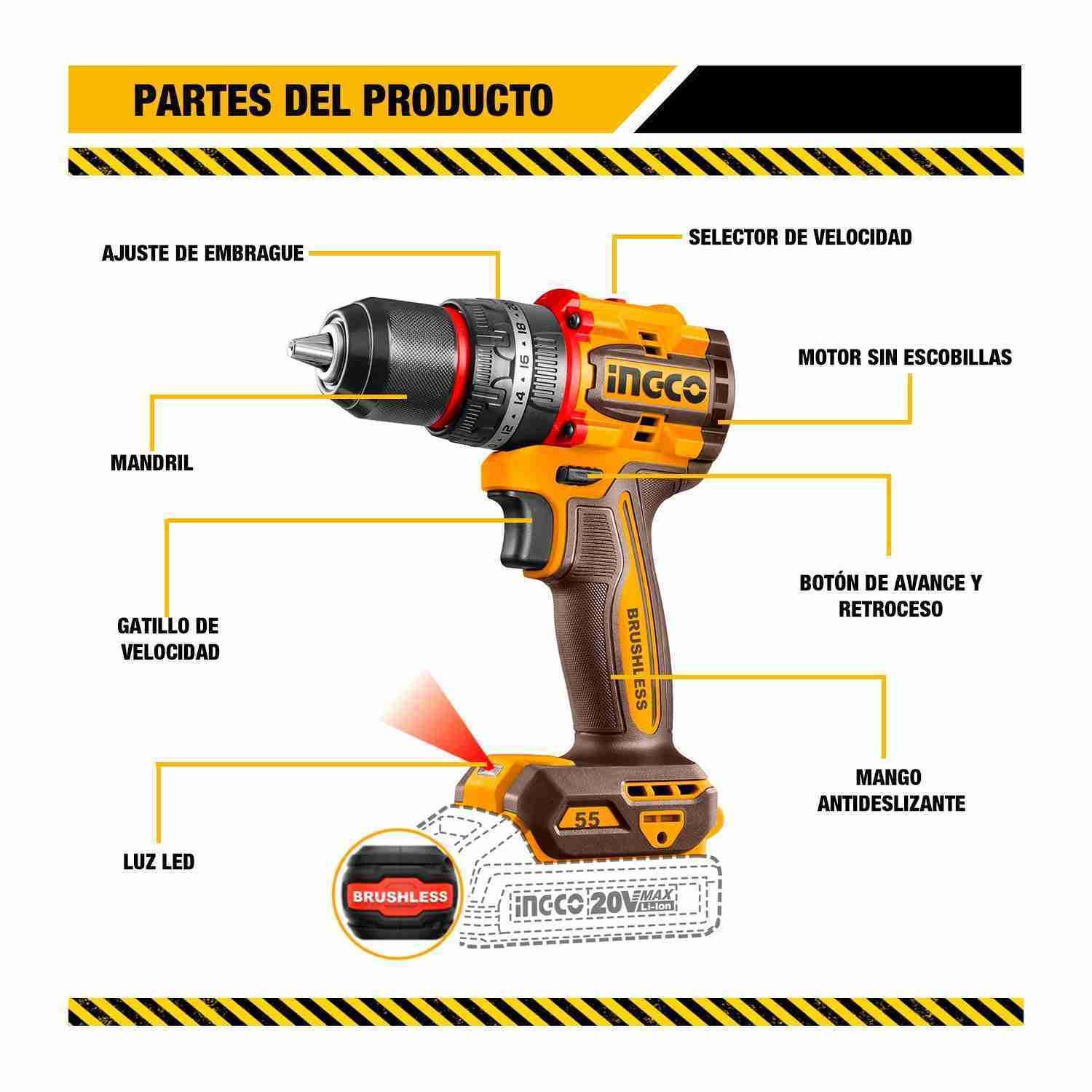 Atornillador Percutor Compact 20v 2baterías + Cargador Brushless Ingco - Image 8
