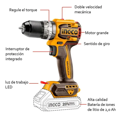 Atornillador 20 V Percutor Compact 13 mm INGCO