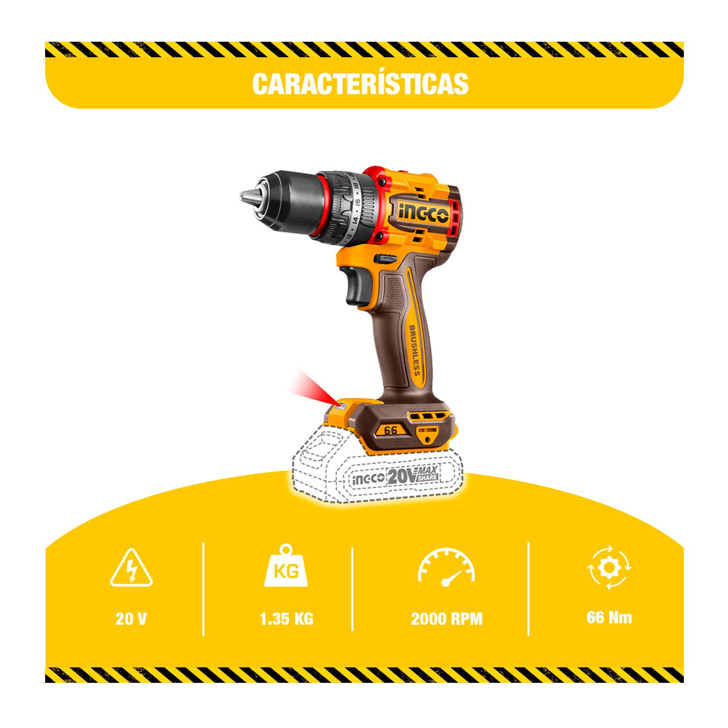 Taladro Percutor 66Nm Inalámbrico 20v Brushless 2velocidades - Image 5