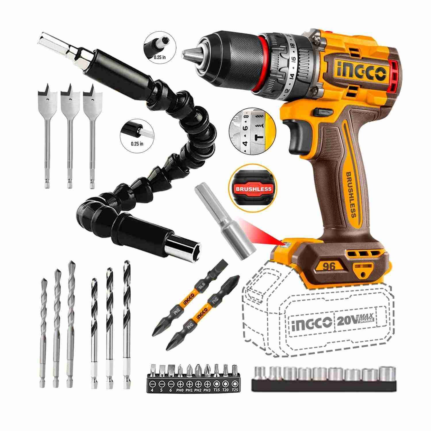 Taladro Atornillador con Percutor Brushless 20 V 96 Nm + 21 Accesorios