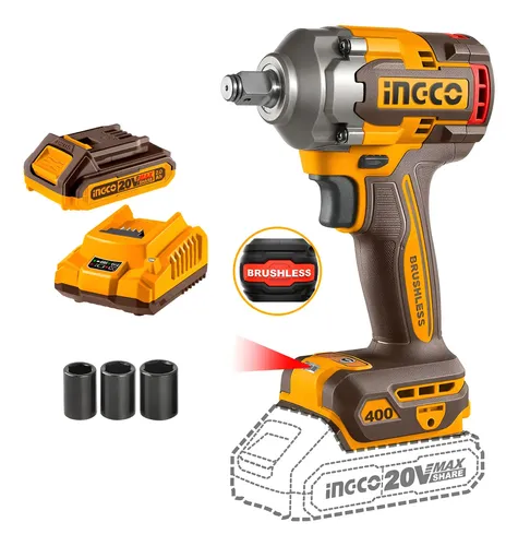 Llave de impacto inalámbrica 400 Nm brushless INGCO con batería y cargador