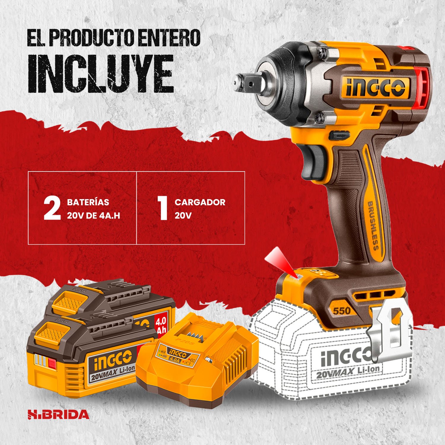 Llave De Impacto 20v Brushless 550nm 1/2 + 2 Baterías 4.0ah - Image 2