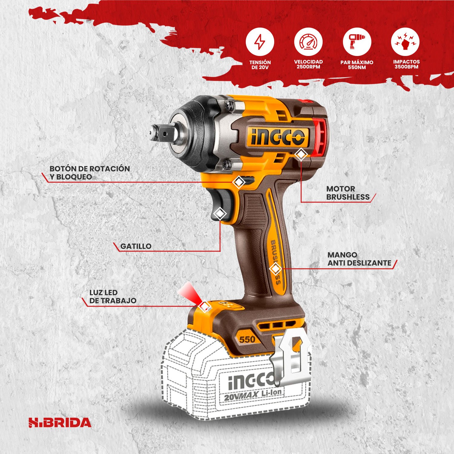 Llave De Impacto 20v Brushless 550nm 1/2 + 2 Baterías 4.0ah - Image 3
