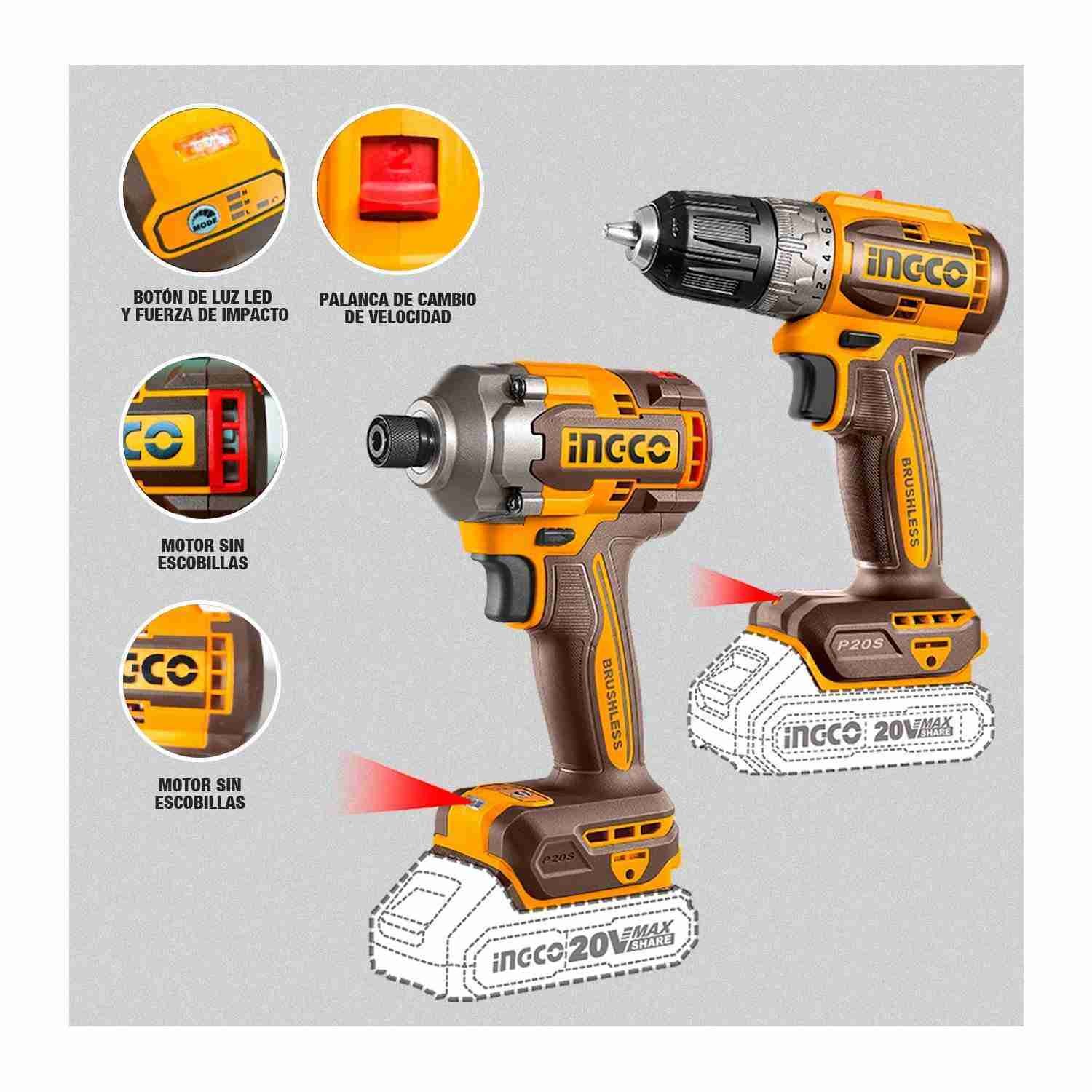 Combo Brushless Taladro + Atornillador + Amoladora 20 V INGCO — vista 4
