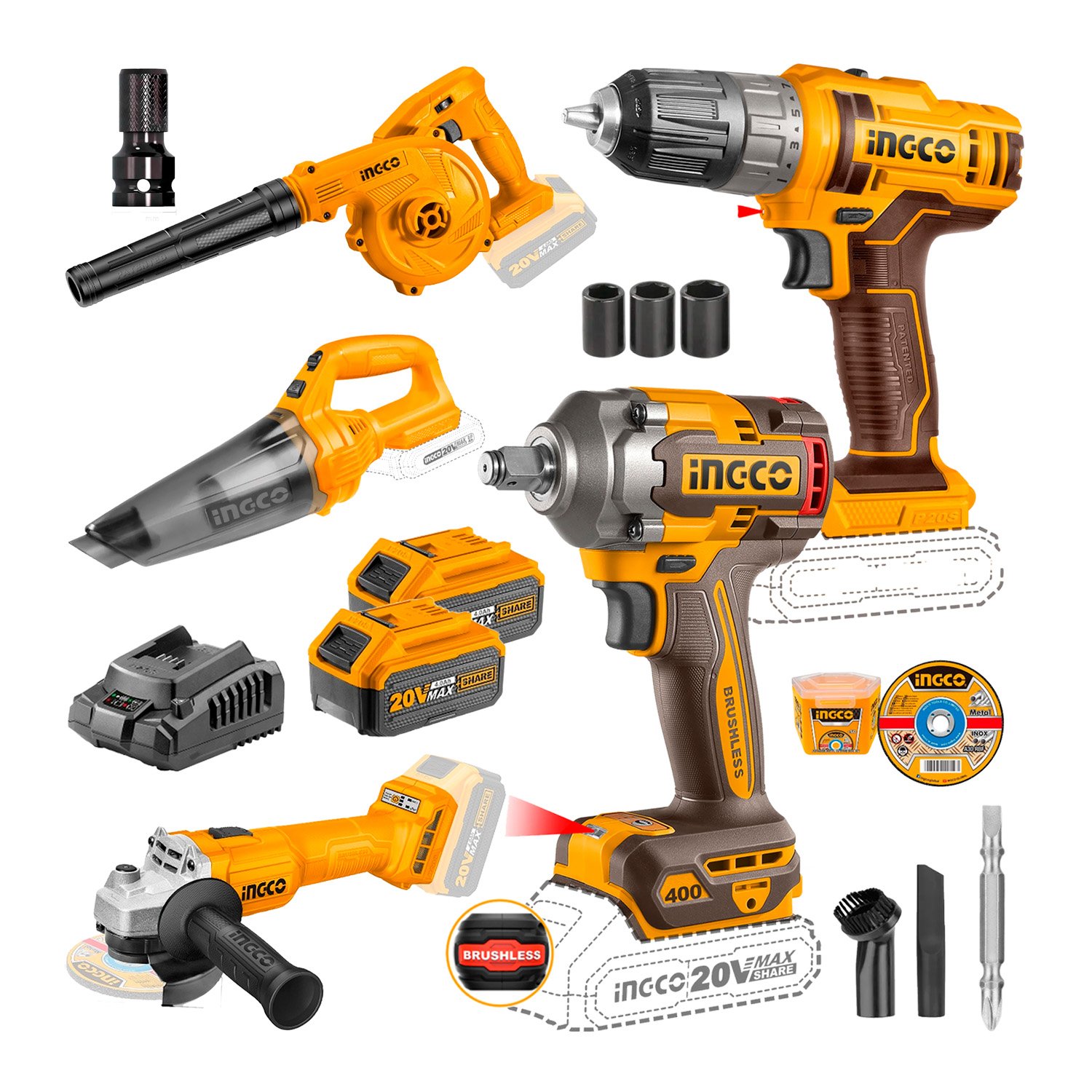 Llave de Impacto + Aspiradora + Taladro + Amoladora + Sopladora