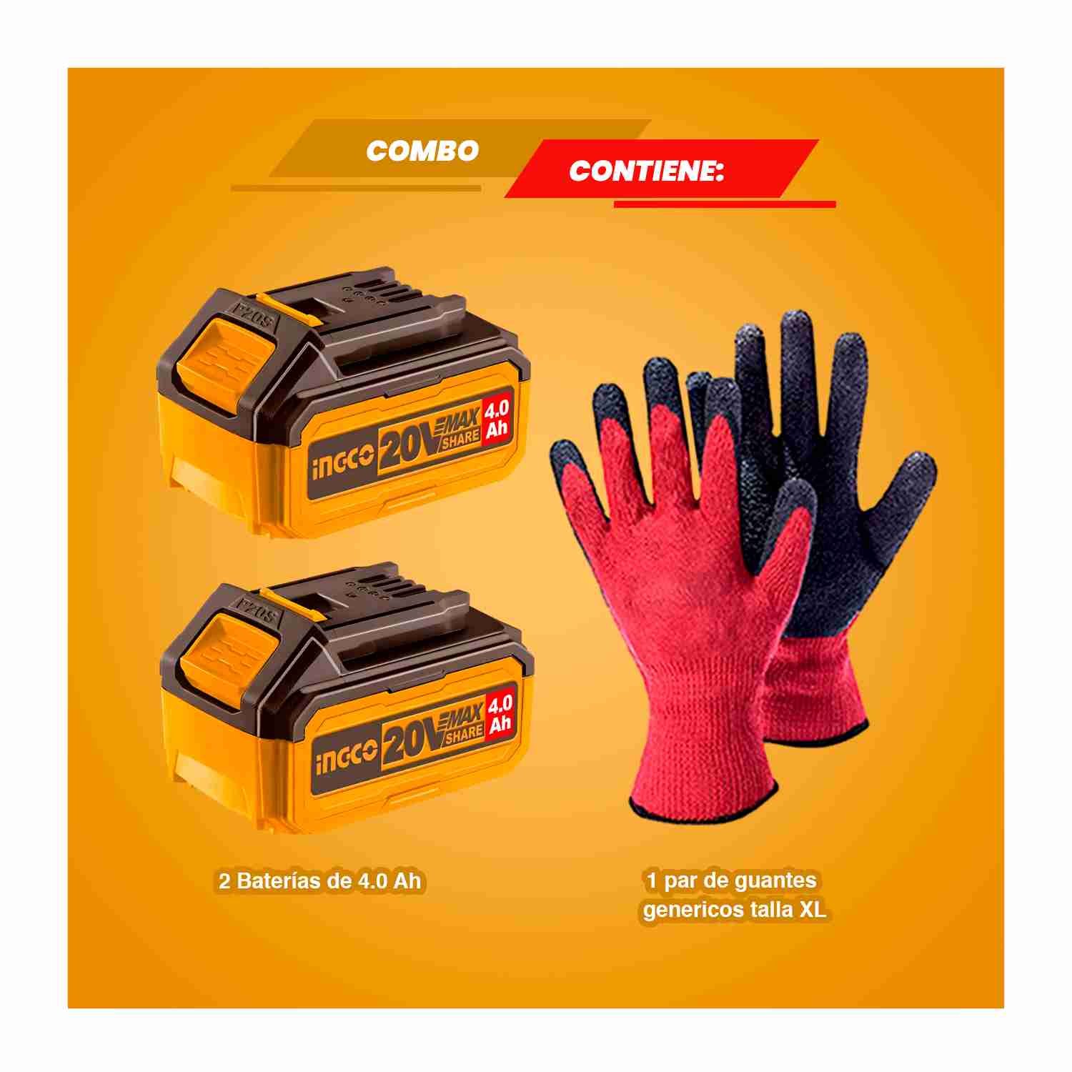 Set Bateria Litio 20 V 2 pcs Multiherramientas INGCO + Guantes — vista 2