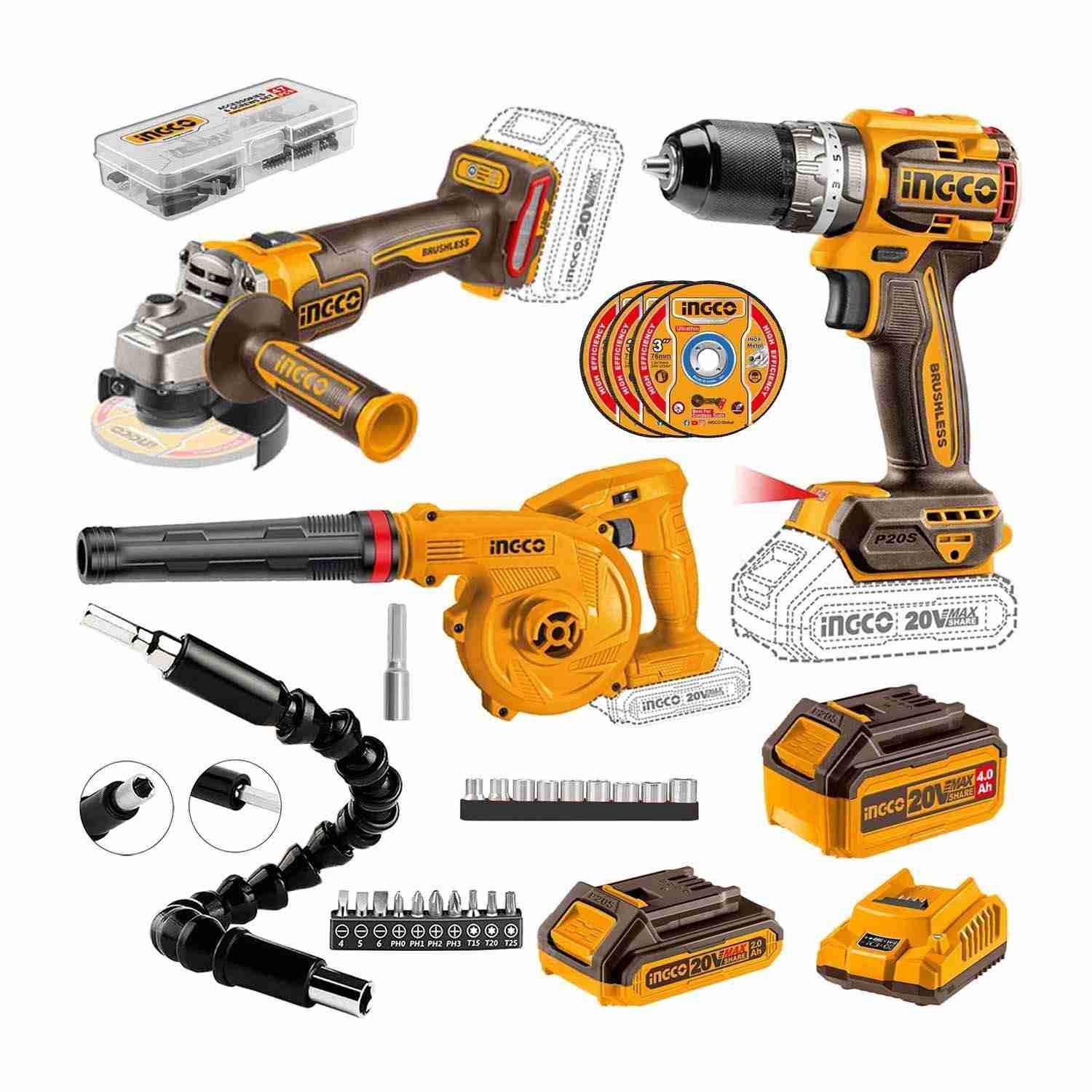 Soplador Inalámbrico + Taladro 20 V + Amoladora Brushless