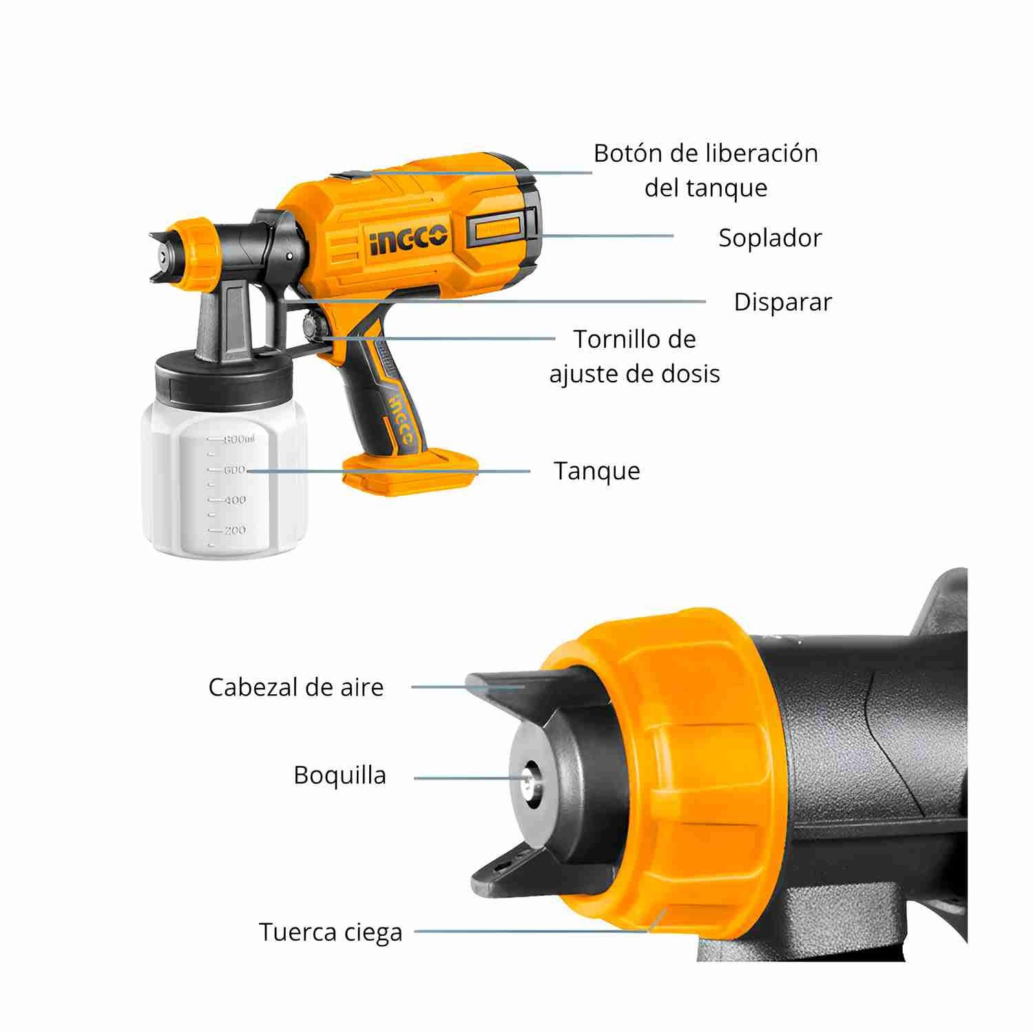 Pistola Pintar Eléctrica 800 Ml 20 V INGCO + 1 Batería+ Cargador — vista 4