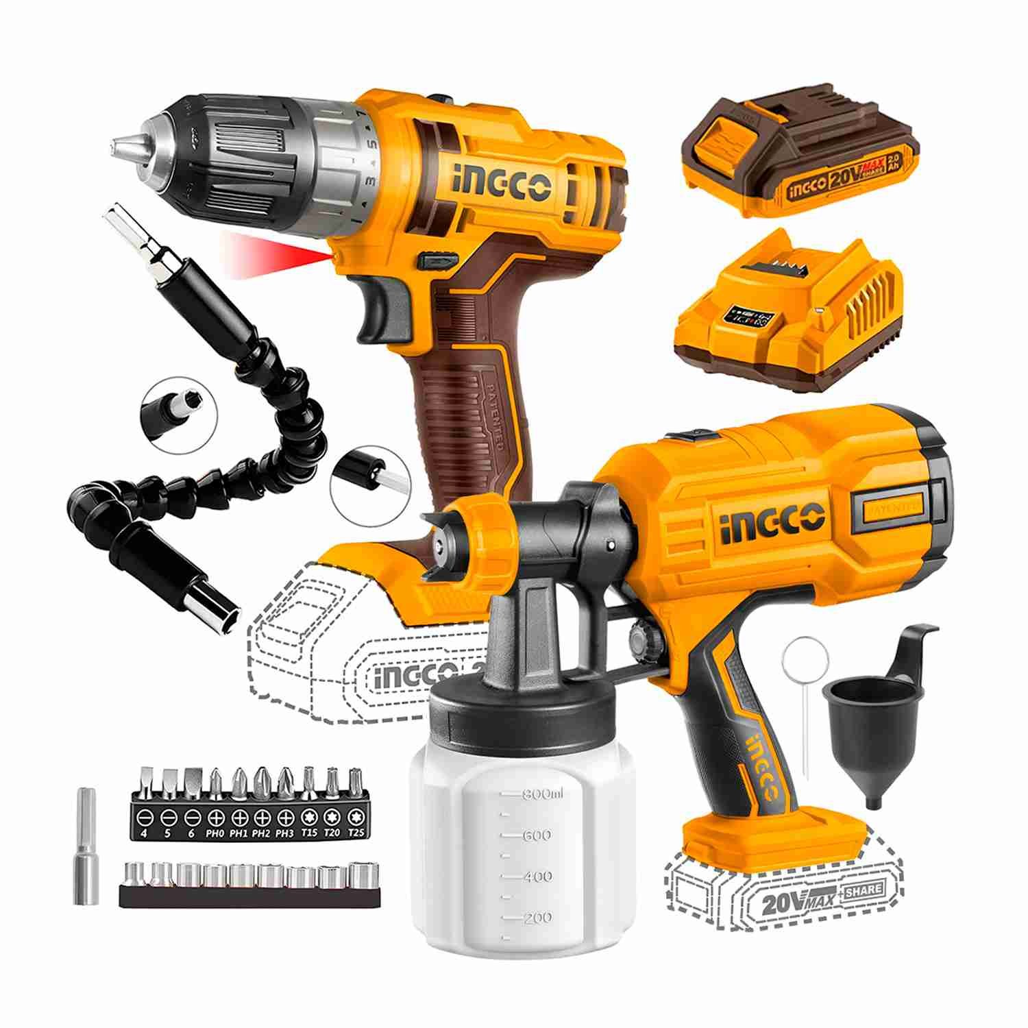 Pistola Pintar Inalámbrica 800 Ml + Taladro 20 V 2.0 Ah INGCO