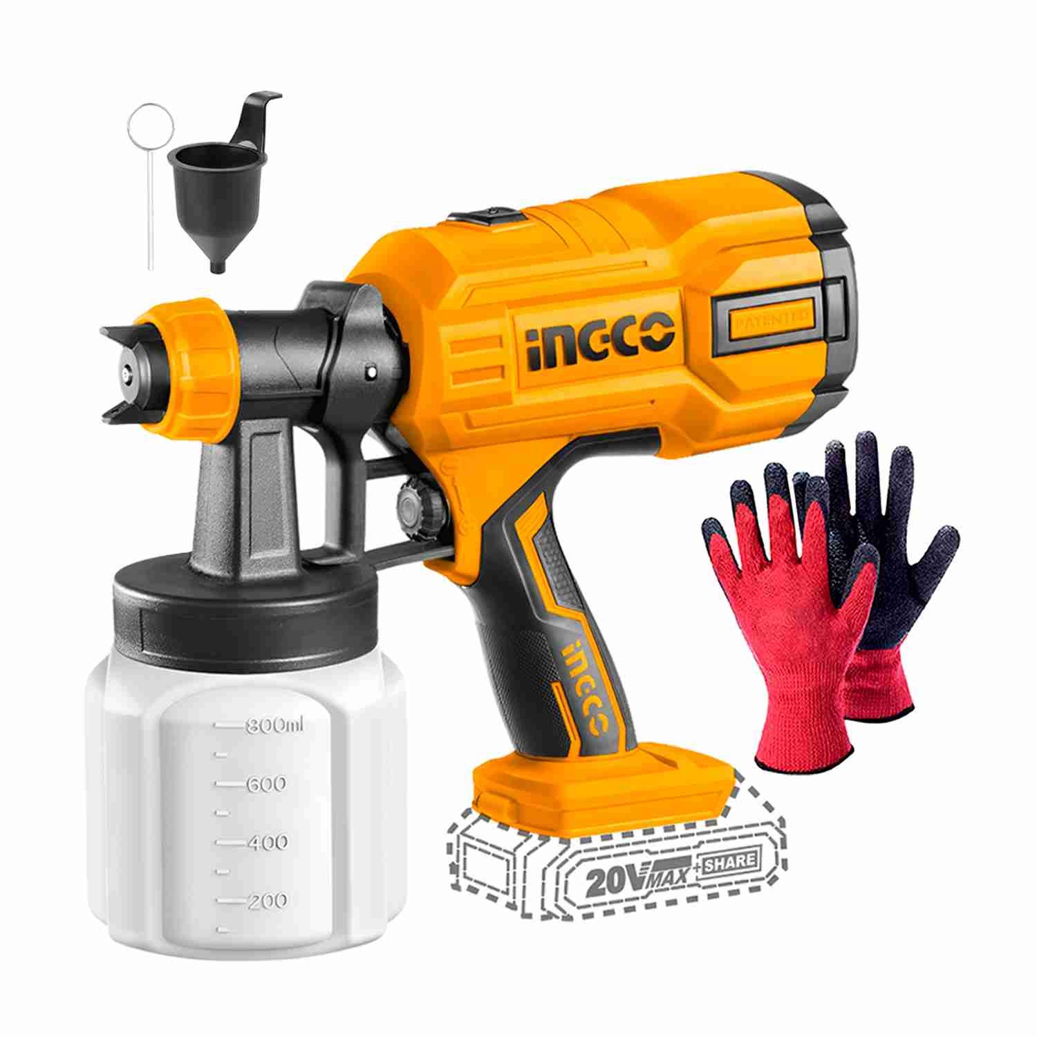 Pistola Pintar Inalámbrica 800 Ml 20 V INGCO Guante Anticorte