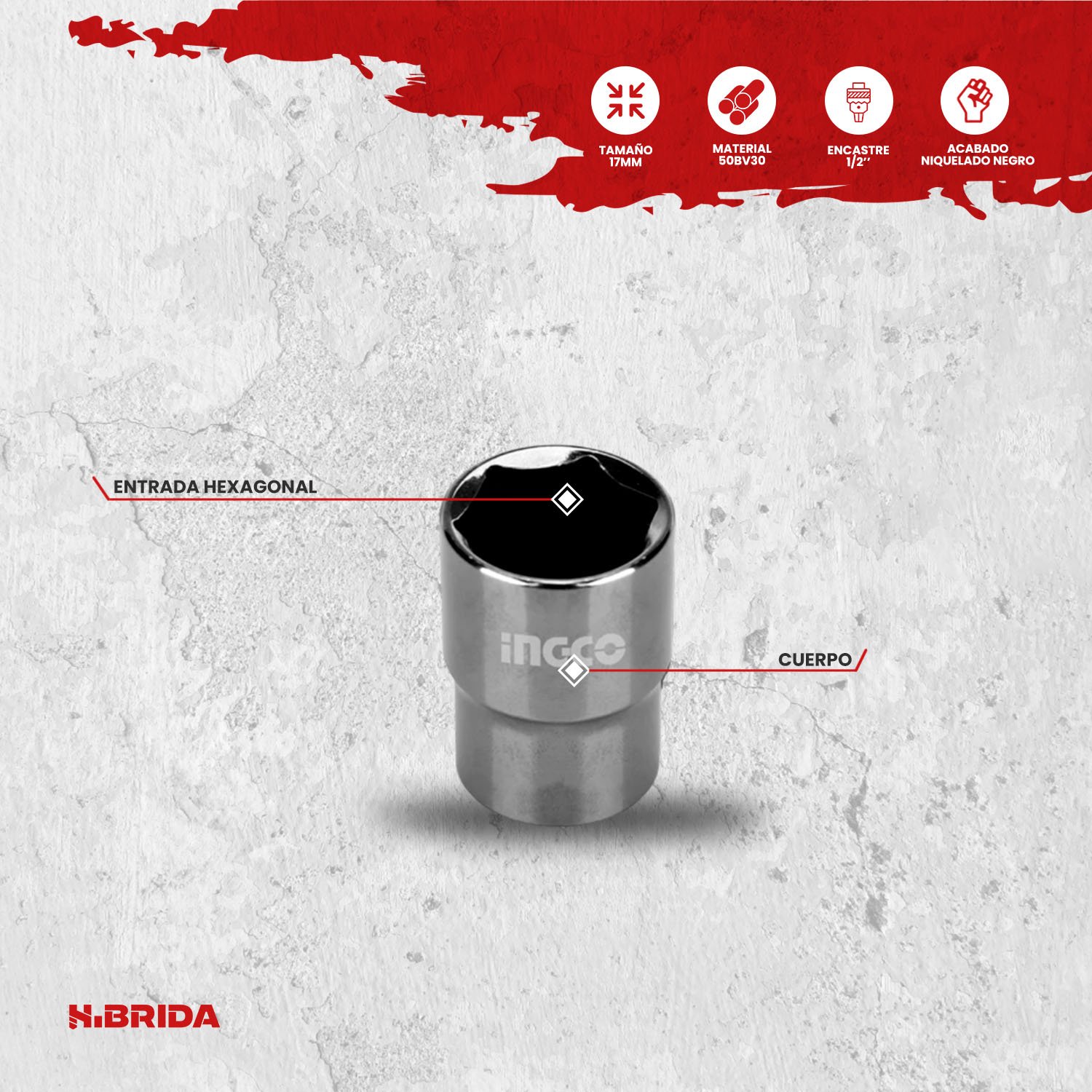 Dado Hexagonal 17mm Encastre 1/2» para Llave Carraca Ingco - Image 2