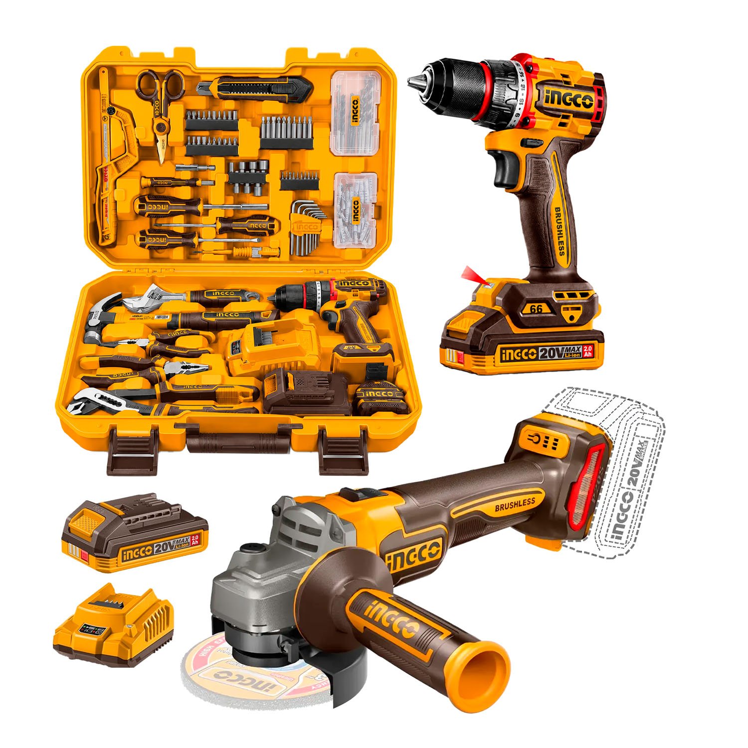 Set Herramientas 166 pzs + Taladro 66 Nm + Amoladora 115 mm