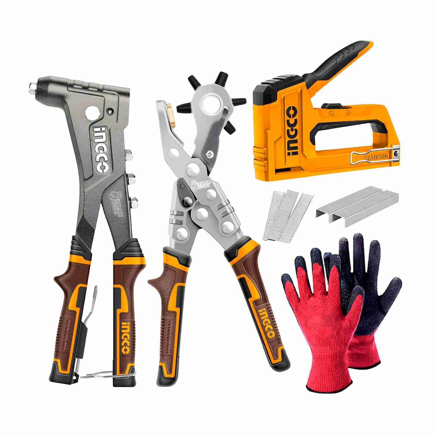Set 3 Herramienta Fijación INGCO Perforar Engrapar Guantes