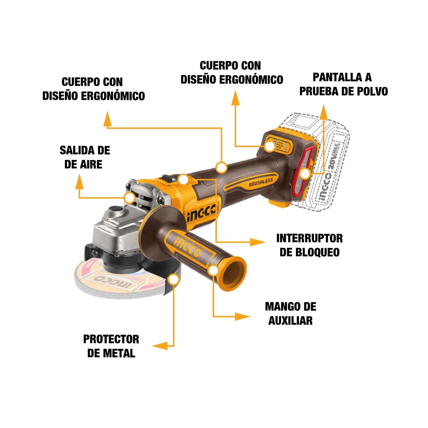 Amoladora Angular 20 V Brushless 115 mm INGCO — vista 3