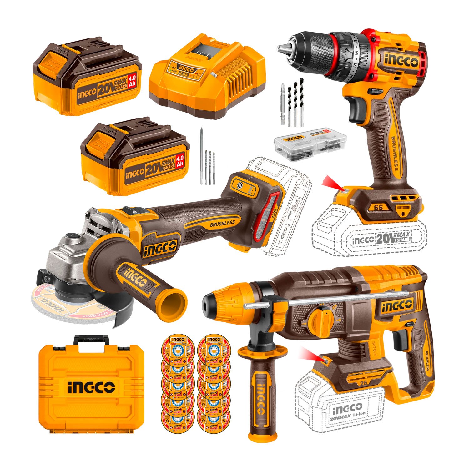 Combo INGCO 20 V Taladro + Rotomartillo + Amoladora 2 Batería