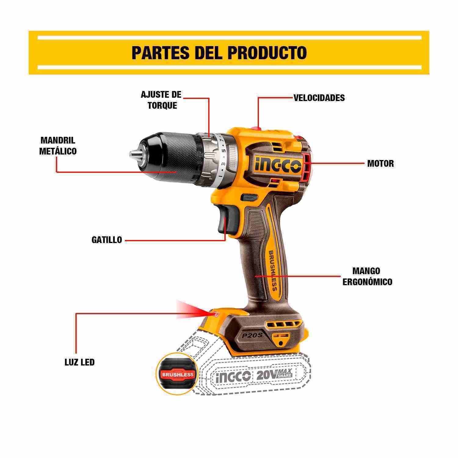 Taladro Atornillador 20 V INGCO Brushless Percutor + Extensor – vista 6