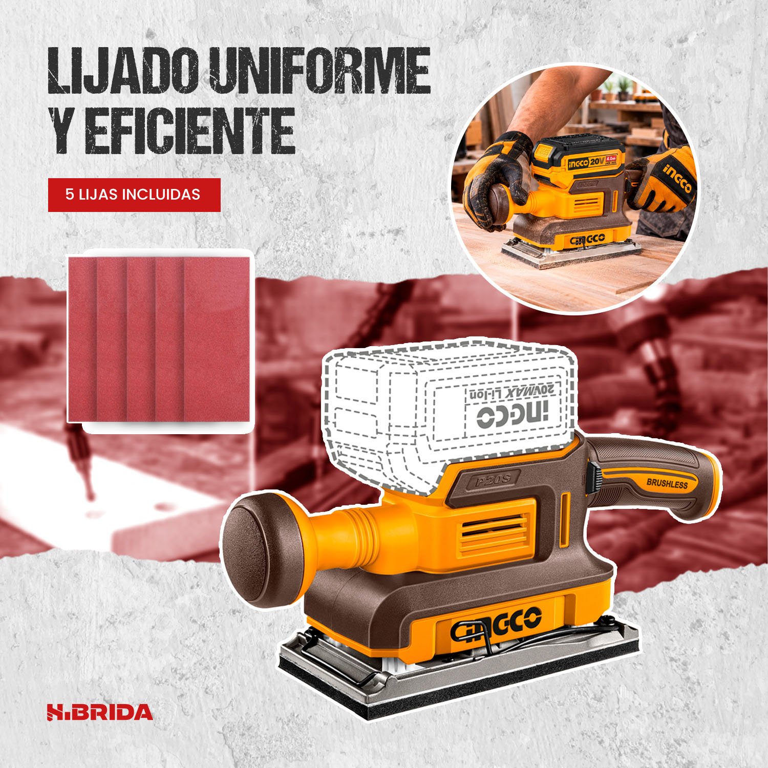 Combo Lijadora Inalámbrica + Aspirador + Guantes INGCO – vista 5