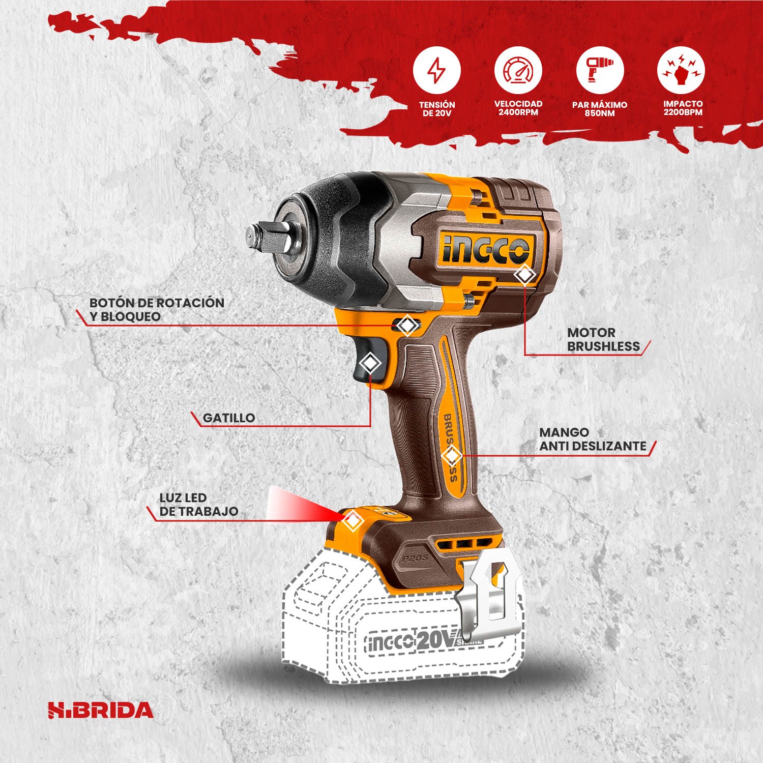 Llave De Impacto A Batería 850 Nm 20 V INGCO – vista 3