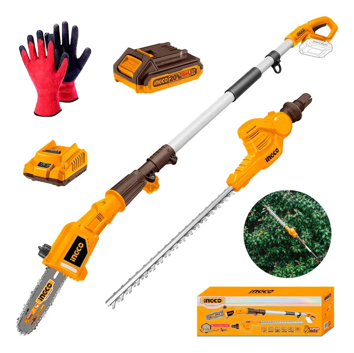 Motosierra INGCO 20 V + Desbrozadora Jardinería 1bat + Guante