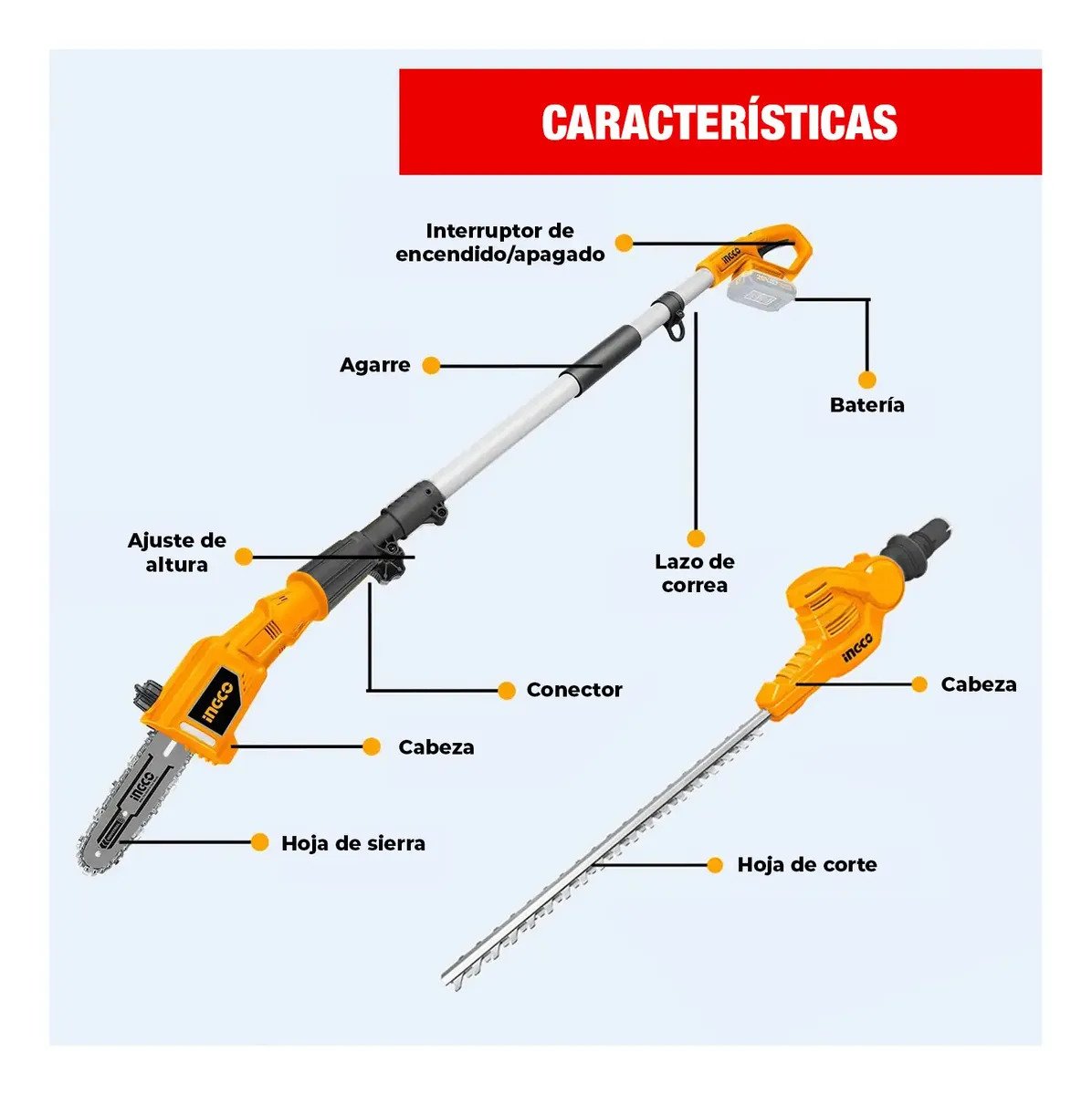 Motosierra INGCO 20 V + Desbrozadora Jardinería 1bat + Guante – vista 3