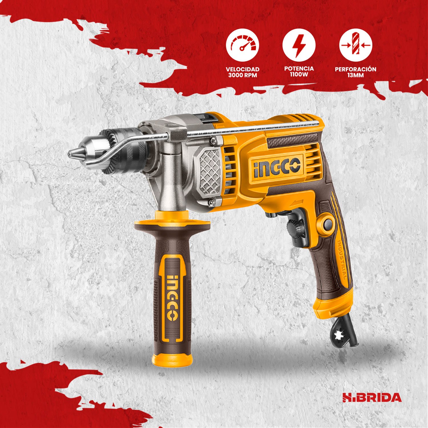 Taladro 13 mm Percutor Eléctrico 1100 W 3000RPM INGCO – vista 3
