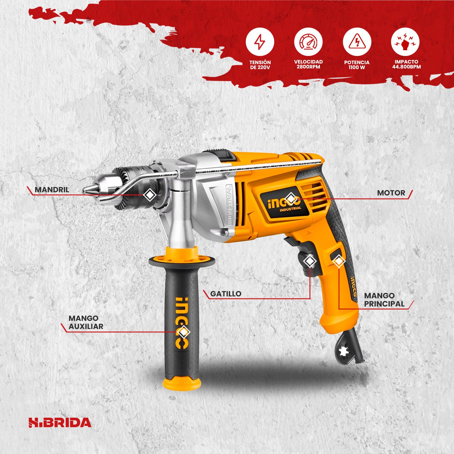 Taladro percutor 1/2" 1100 W INGCO – vista 2